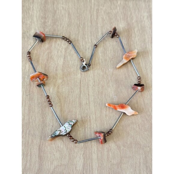 Vintage Southwestern Abalone Shell Bird Fetish Necklace With Brown Beads & Barre - Picture 3 of 6